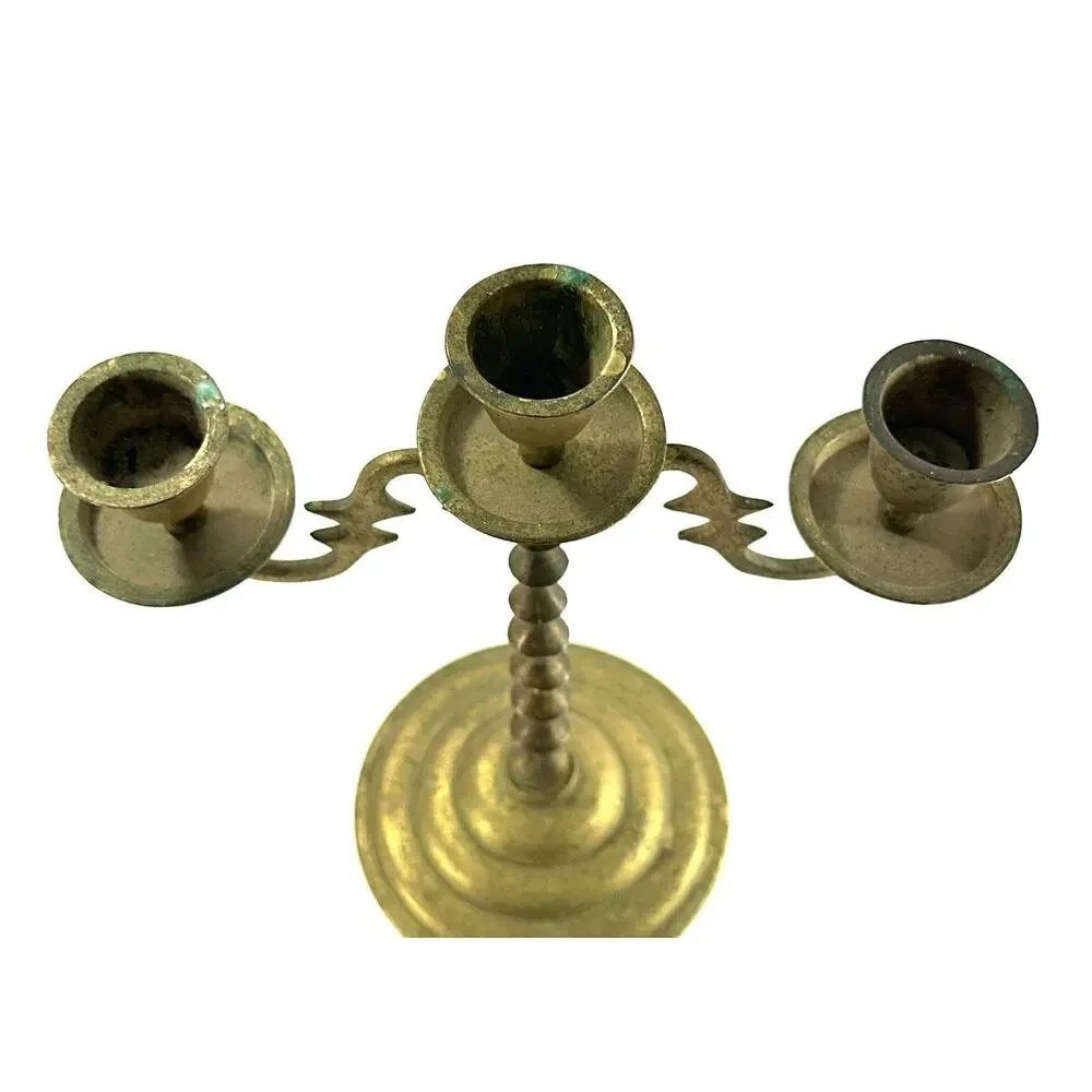 Vintage Brass 3 Arm Candelabra Candlestick Holder Gothic Spanish Colonial 7.5”